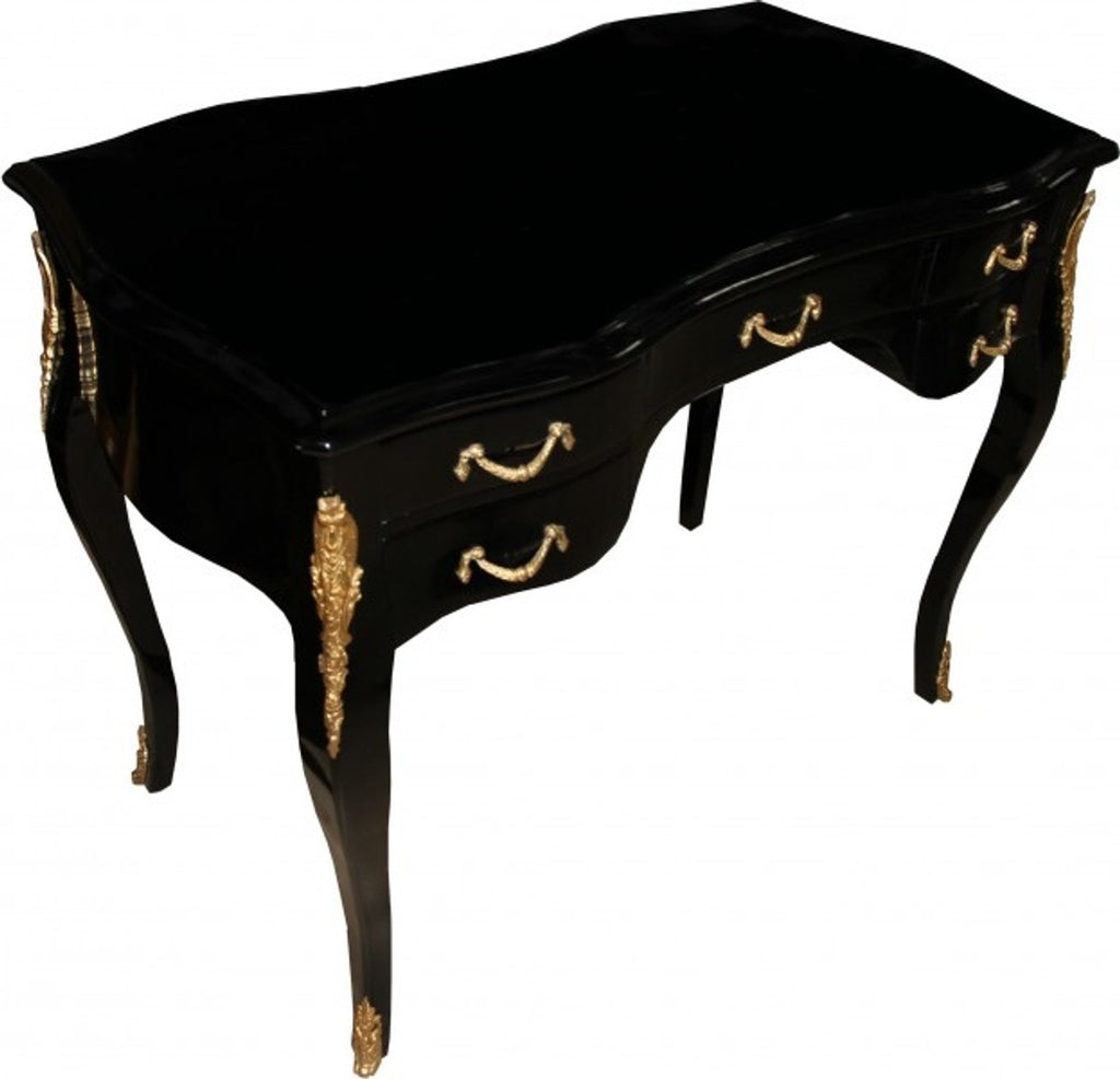 Casa Padrino Luxus Barock Schreibtisch in Schwarz Hochglanz und Gold, 100 x 58 x 80 cm, handgefertigter Sekretär