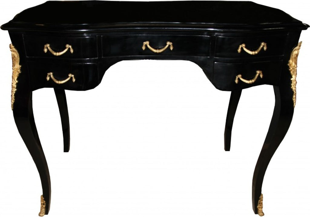 Casa Padrino Luxus Barock Schreibtisch in Schwarz Hochglanz und Gold, 100 x 58 x 80 cm, handgefertigter Sekretär