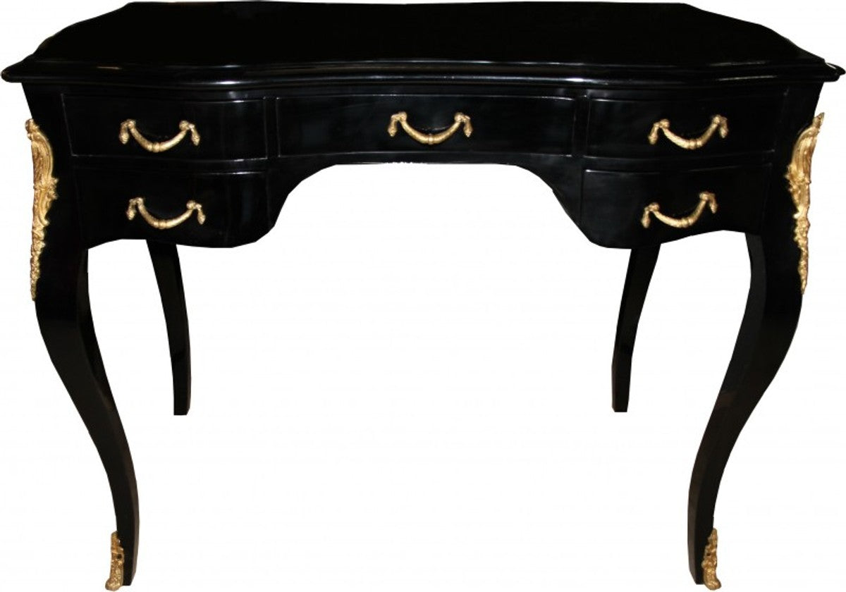 Casa Padrino Luxus Barock Schreibtisch in Schwarz Hochglanz und Gold, 100 x 58 x 80 cm, handgefertigter Sekretär