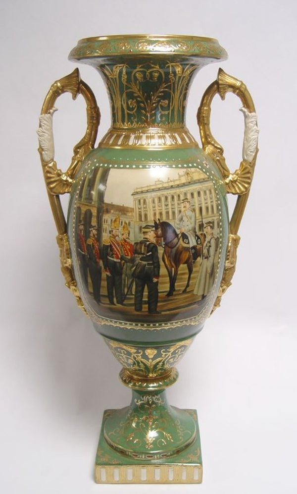 Casa Padrino Barock Porzellan Vase mit 2 Griffen in Grün und Gold - Höhe 54 cm - Luxuriöse Dekovase