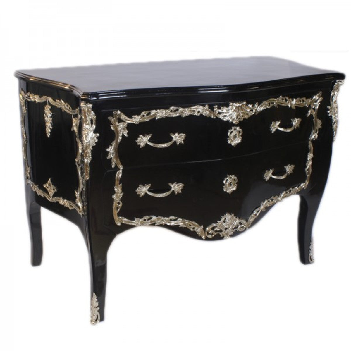 Casa Padrino Barock Kommode im Antik Stil in Schwarz Hochglanz und Silber, 130 x 65 x 90 cm - Handgefertigte Luxus Kommode aus Massivholz