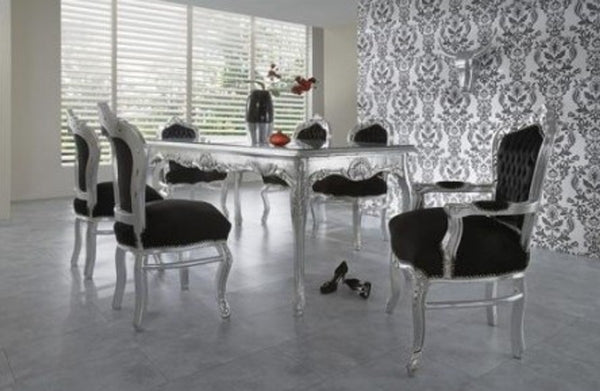 Casa Padrino Set sala da pranzo barocco stile antico nero/argento, tavolo 200 cm + 6 sedie
