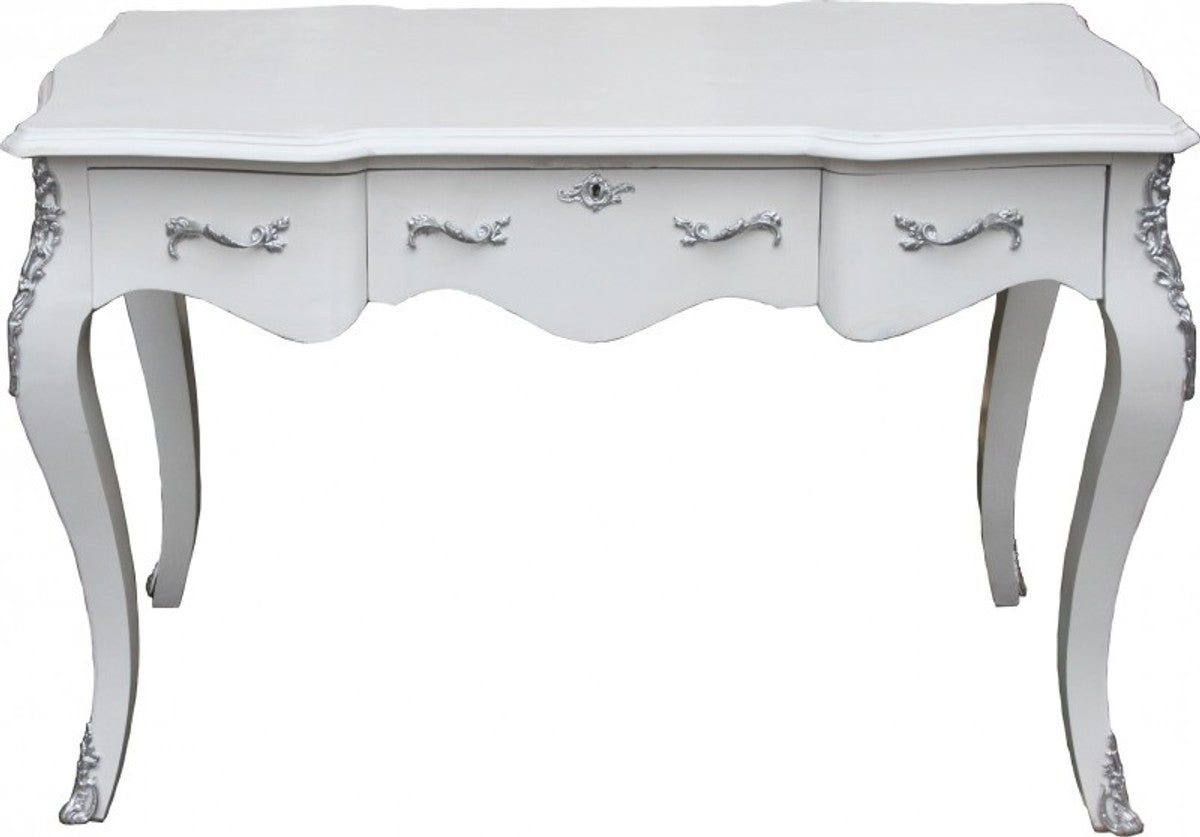 Casa Padrino Luxus Barock Konsolentisch in Weiss und Silber, 120 x 80 x 58 cm, handgefertigter Damen Schreibtisch