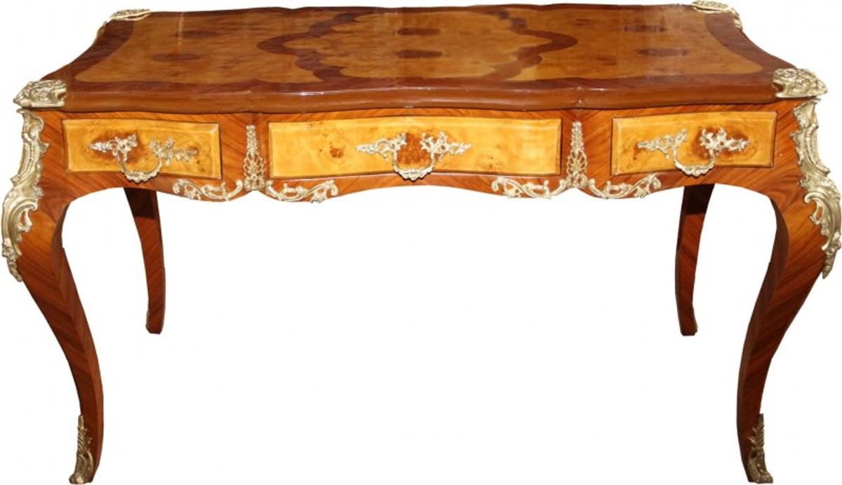 Casa Padrino Luxus Barock Schreibtisch mit 3 Schubladen in Braun und Gold, B 141 cm, T 71 cm, H 81 cm - Massivholz Sekretär