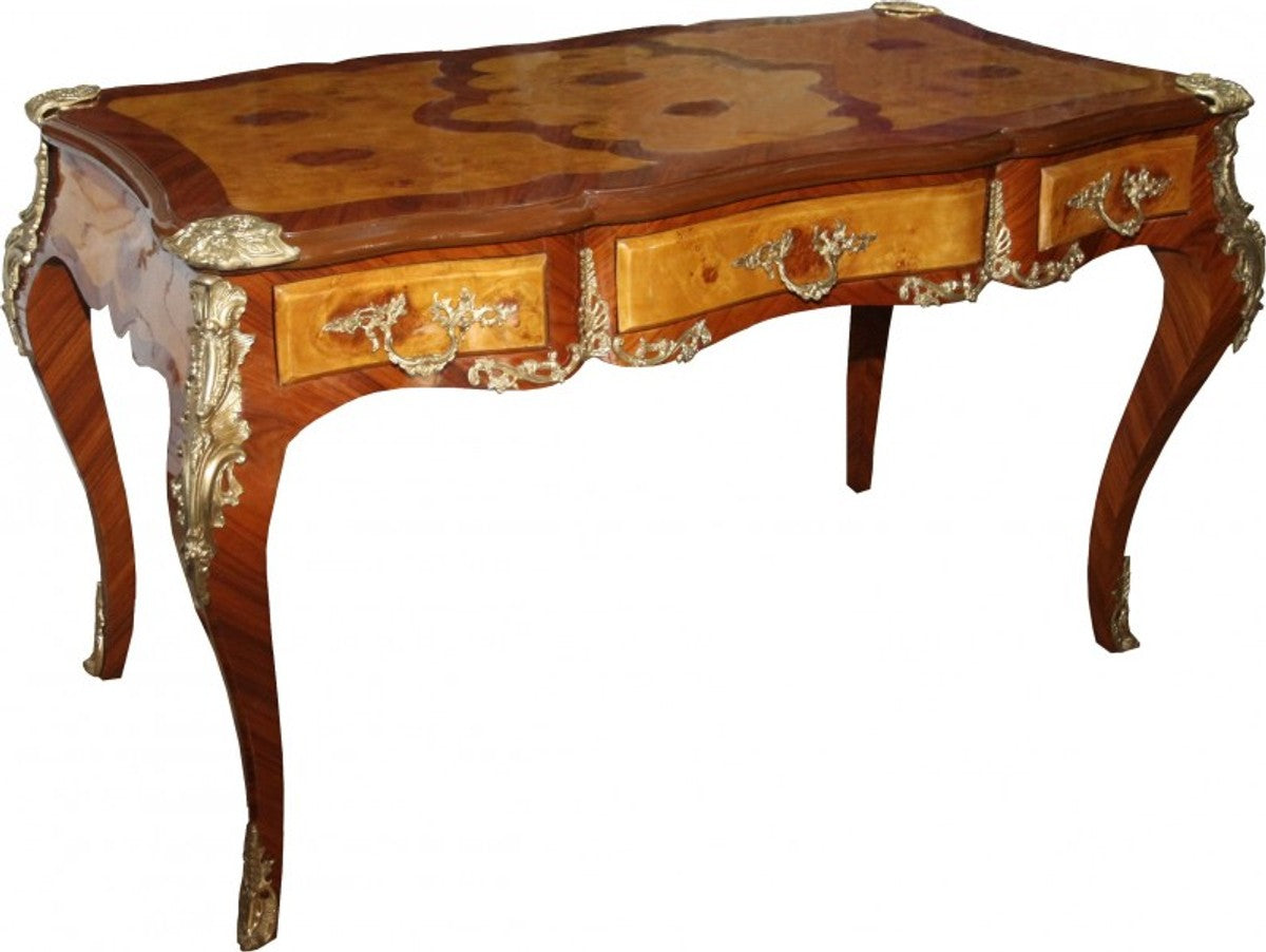 Casa Padrino Luxus Barock Schreibtisch mit 3 Schubladen in Braun und Gold, B 141 cm, T 71 cm, H 81 cm - Massivholz Sekretär