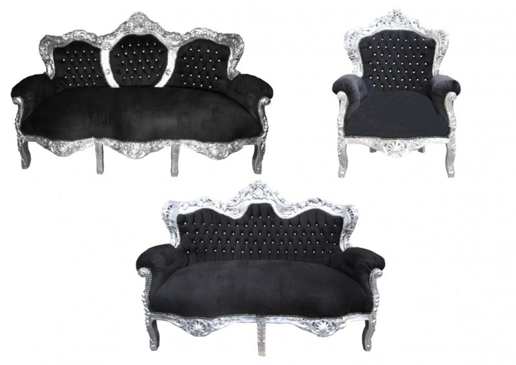 Casa Padrino Barock Wohnzimmer Set King Schwarz / Silber - 3-er Sofa, 2-er Sofa und 1 Sessel