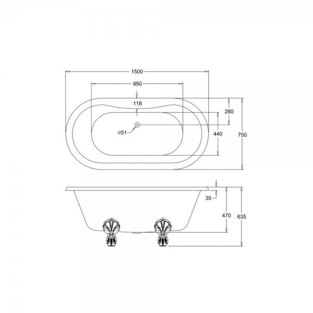 Casa Padrino Jugendstil Badewanne freistehend 1500mm BWin Weiß - Freistehende Retro Antik Badewanne