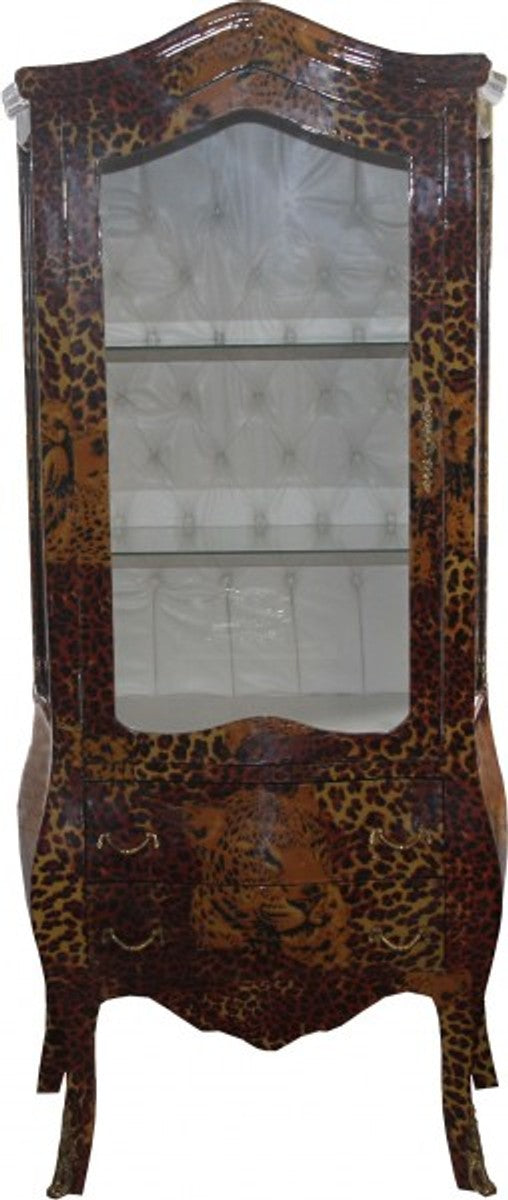 Casa Padrino Barock Vitrine Leopard - Vitrinenschrank - Wohnzimmerschrank, 73 x 36 x 176 cm